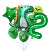 A green inflatable dinosaur balloon set including a banner and several other green balloons.