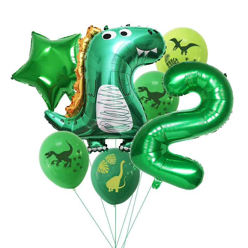 A green inflatable dinosaur balloon set including a banner and several other green balloons.
