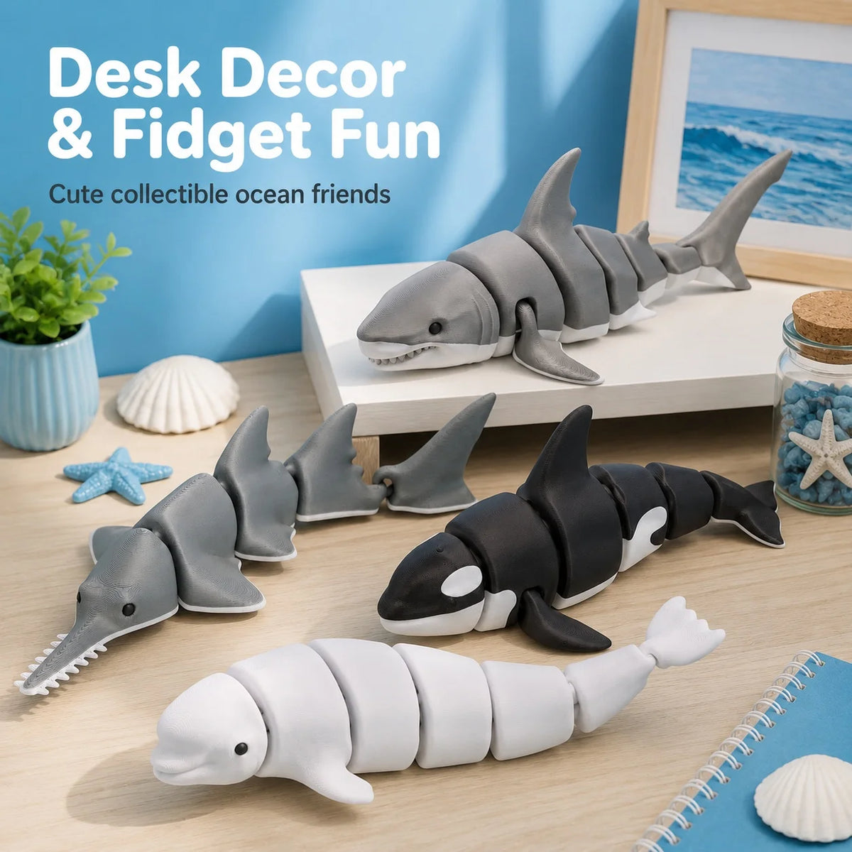 A set of cute collectible ocean animal figurines, including sharks and starfish, displayed on a wooden surface.