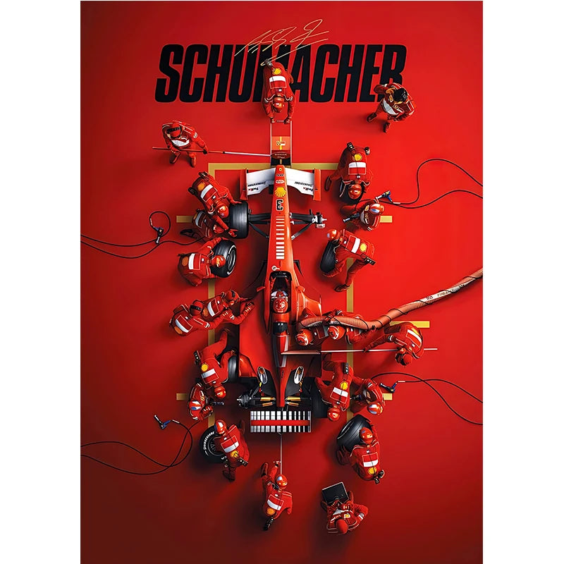 Impresión en lienzo roja con elementos de carreras y miembros del equipo de Michael Schumacher.