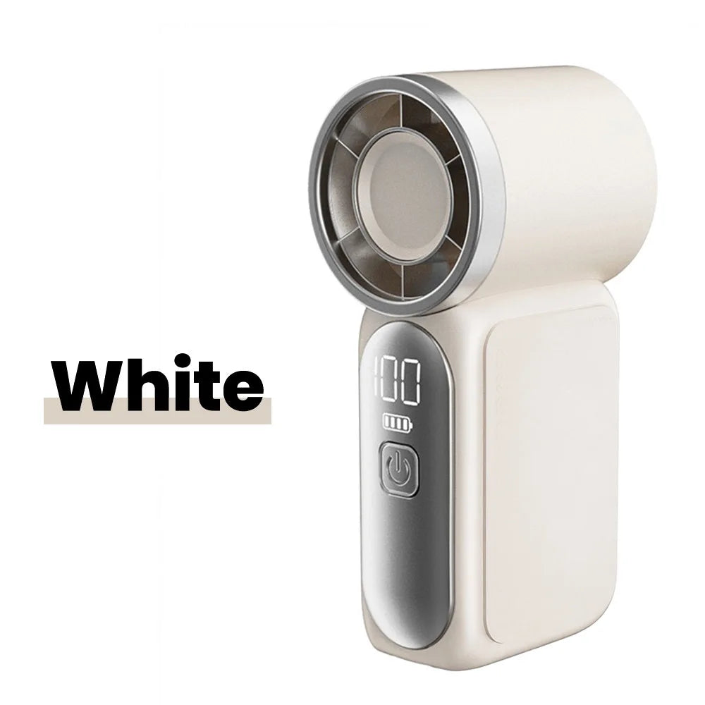A white portable rechargeable mini handheld fan with a grille and power button display.