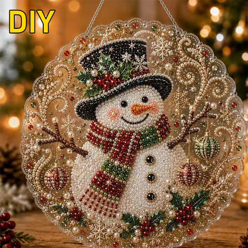 DIY Christmas pearl diamond painting snowman suncatcher with a metal chain