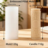 A white embossed pillar mold and a finished candle are shown side by side for DIY wax crafts.