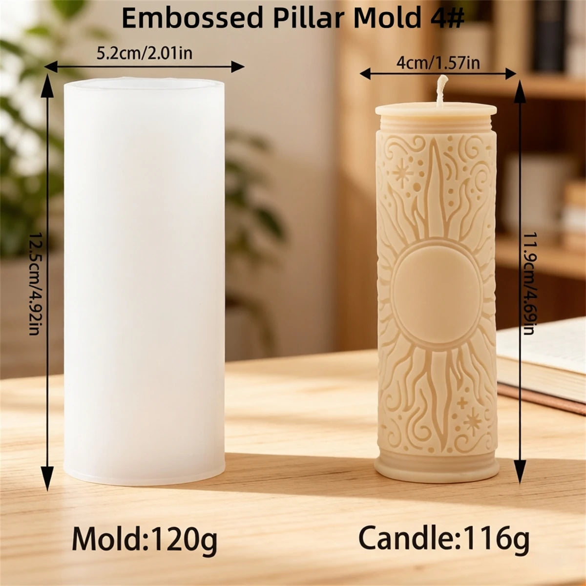 A white embossed pillar mold and a finished candle are shown side by side for DIY wax crafts.