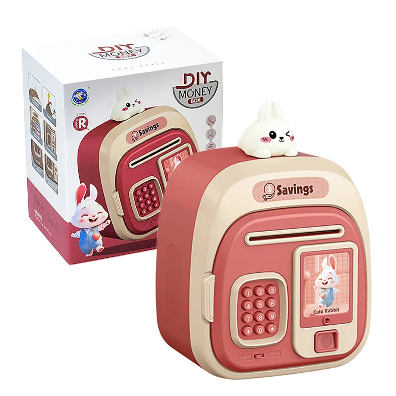 A pink piggy bank with a digital display and keypad is shown next to its packaging box.