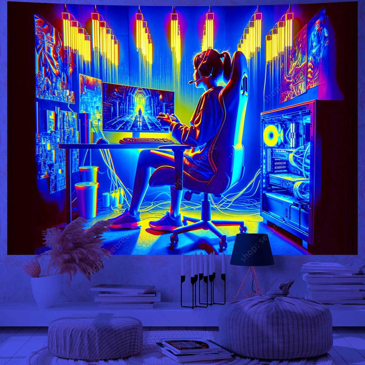 A person is playing a glowing UV reactive game controller on a desk in a dark room, surrounded by colorful light displays.