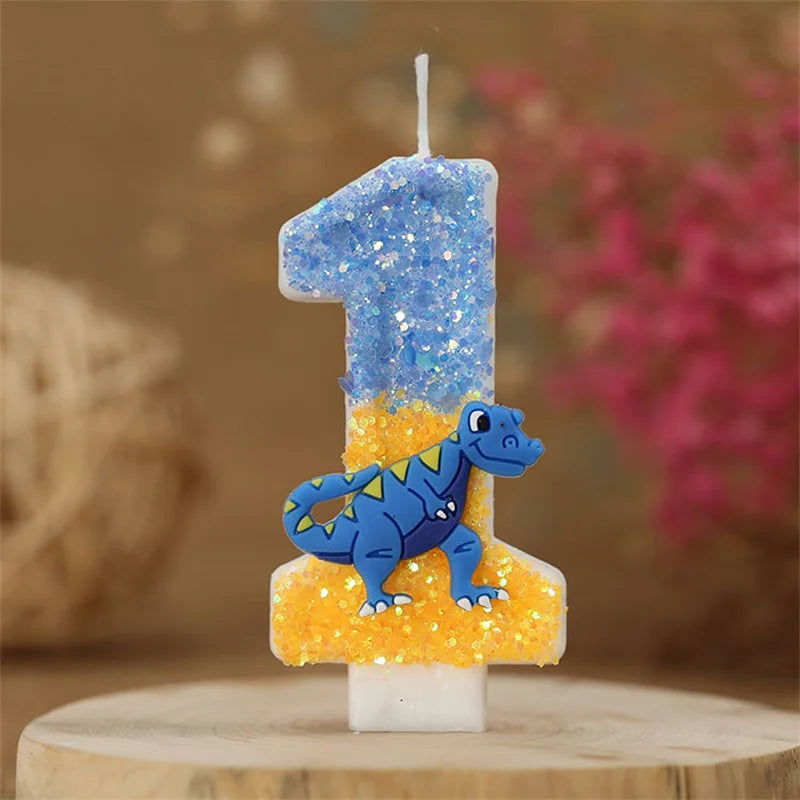 A birthday candle shaped like the number one featuring a blue dinosaur on an orange background.