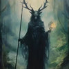 A dark, shadowy figure with antlers stands in a misty forest, holding a glowing orb.