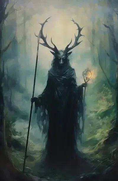 A dark, shadowy figure with antlers stands in a misty forest, holding a glowing orb.