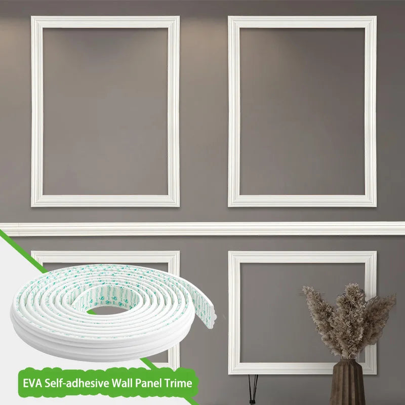 White self-adhesive EVA wall panel trim strips shown above and below a framed picture.