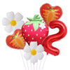 A set of six digital flower foil balloons featuring white and pink colors, including a strawberry shape and a number 9.