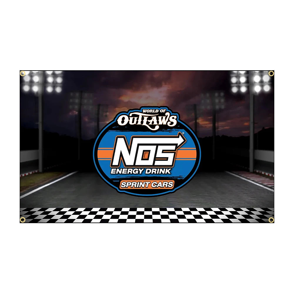 A banner flag design featuring the NOS Energy Drink and Sprint Cars logos against a dark background.
