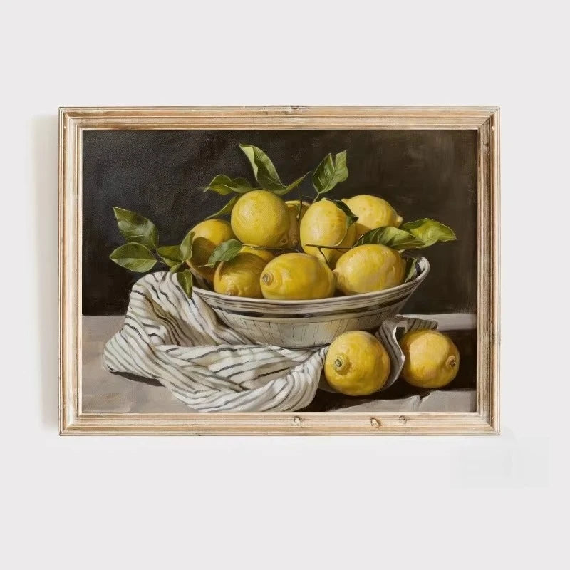 Oil painting of yellow lemons in a bowl with green leaves on a dark background