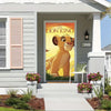 A door cover backdrop featuring a Lion King poster for a children's birthday party entrance.