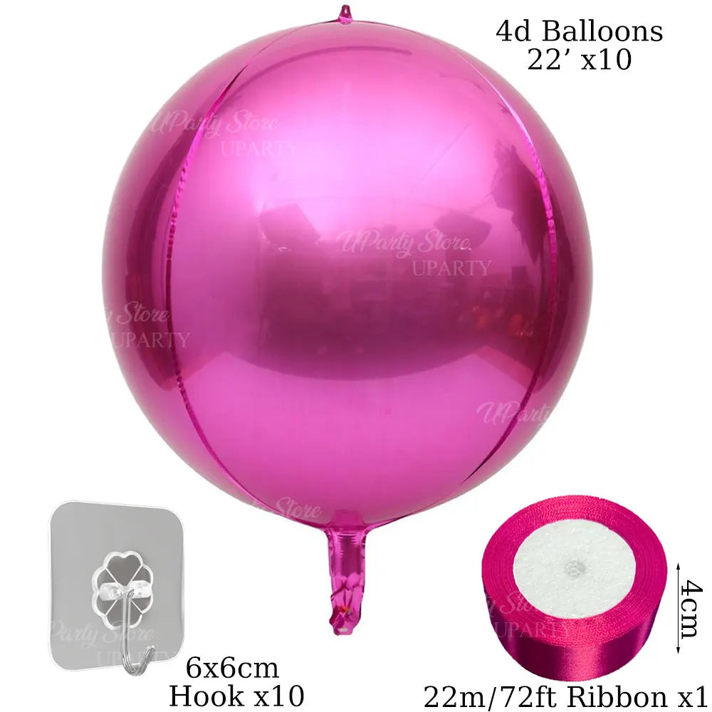 A single round pink 4D balloon is shown with a hook and a ribbon roll for decoration.