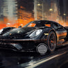A dark black sports car is painted in a vintage oil painting style against a blurred city backdrop.