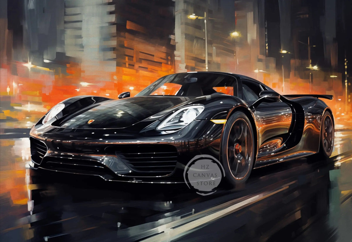 A dark black sports car is painted in a vintage oil painting style against a blurred city backdrop.