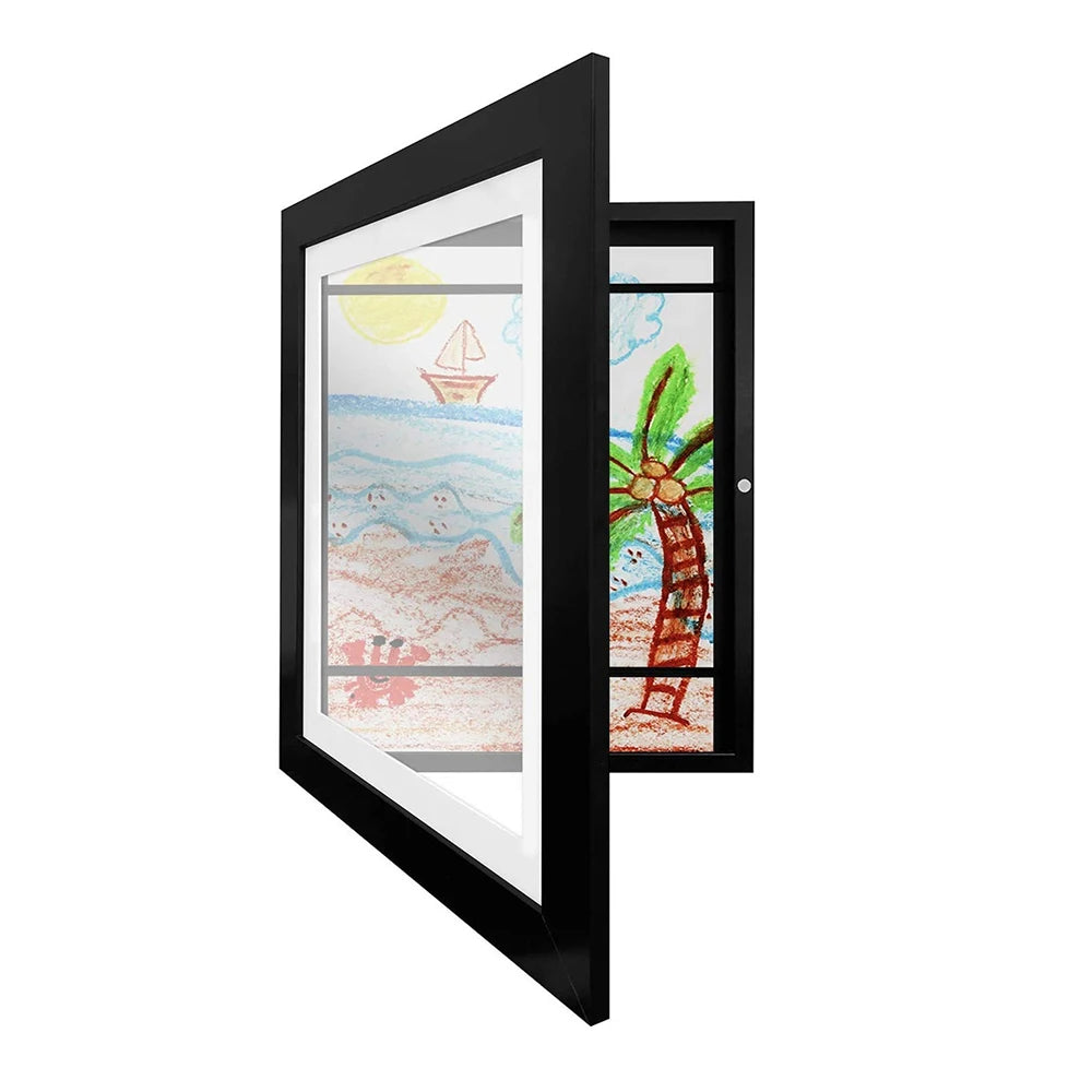 A black magnetic front-open frame displaying a colorful watercolor painting of a sailboat on the water.