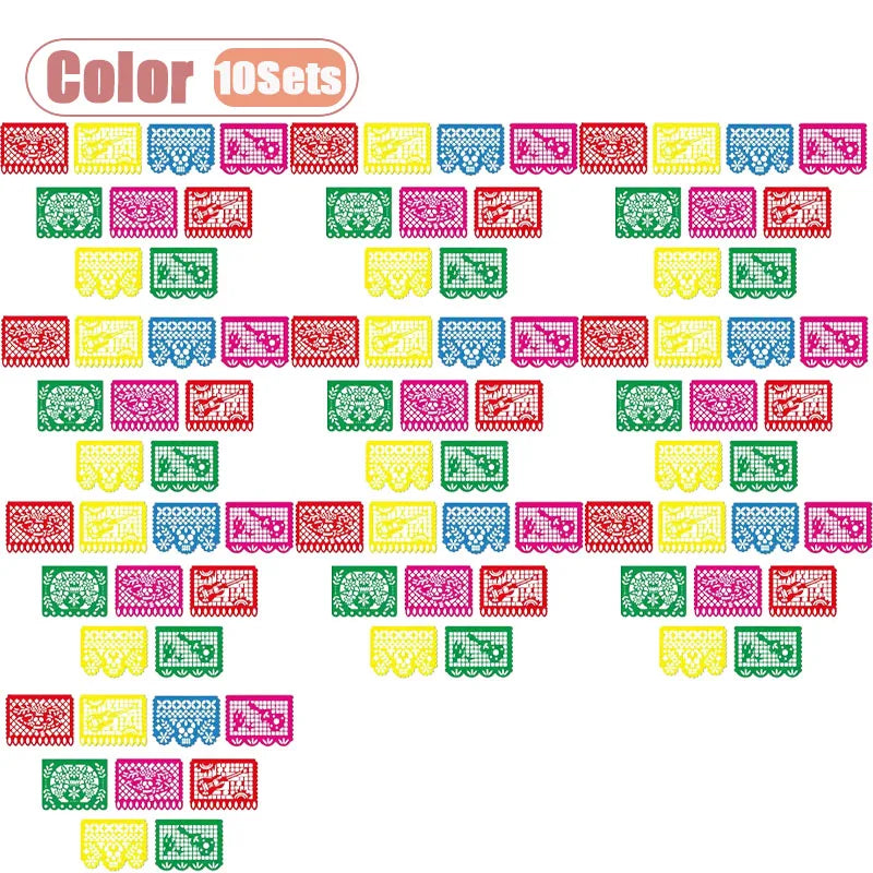 A collection of 10 sets of colorful papel picado bunting banners for Mexican celebrations.