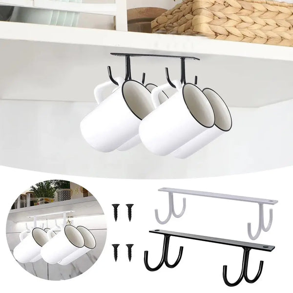 Un ensemble d'étendoirs à mugs sous meuble avec des tasses en céramique blanche suspendues à une barre métallique noire.