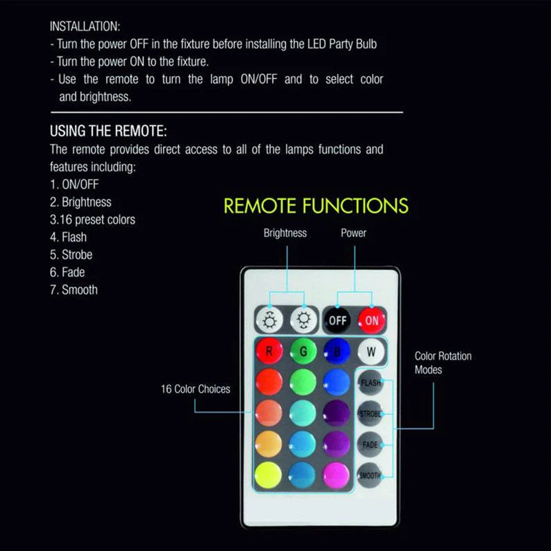 A remote control for a vinyl record LED wall lamp showing functions like on/off, brightness, color selection, flash, strobe, 