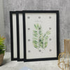 A set of three black wooden photo frames displaying green palm leaf watercolor designs on white paper.