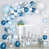 A blue and white balloon garland arch display featuring various sized balloons and a white frame.