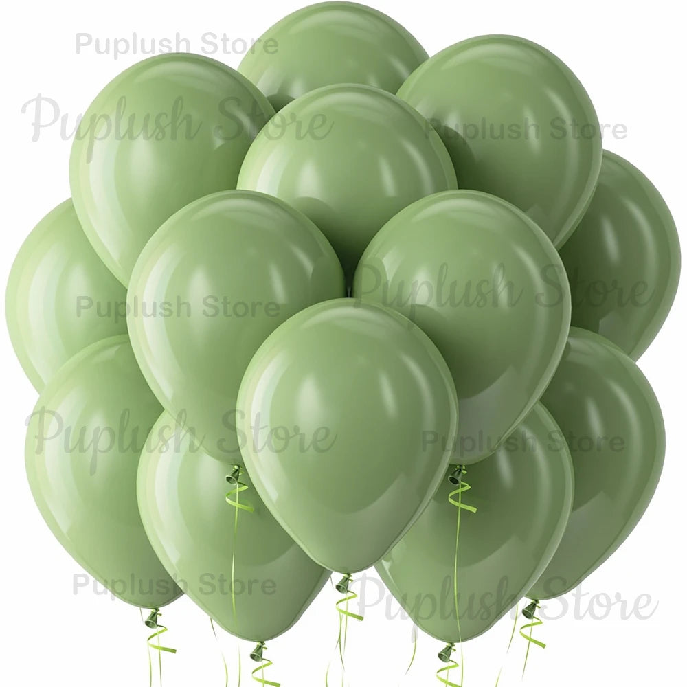 A cluster of sage green latex balloons floating against a white background.