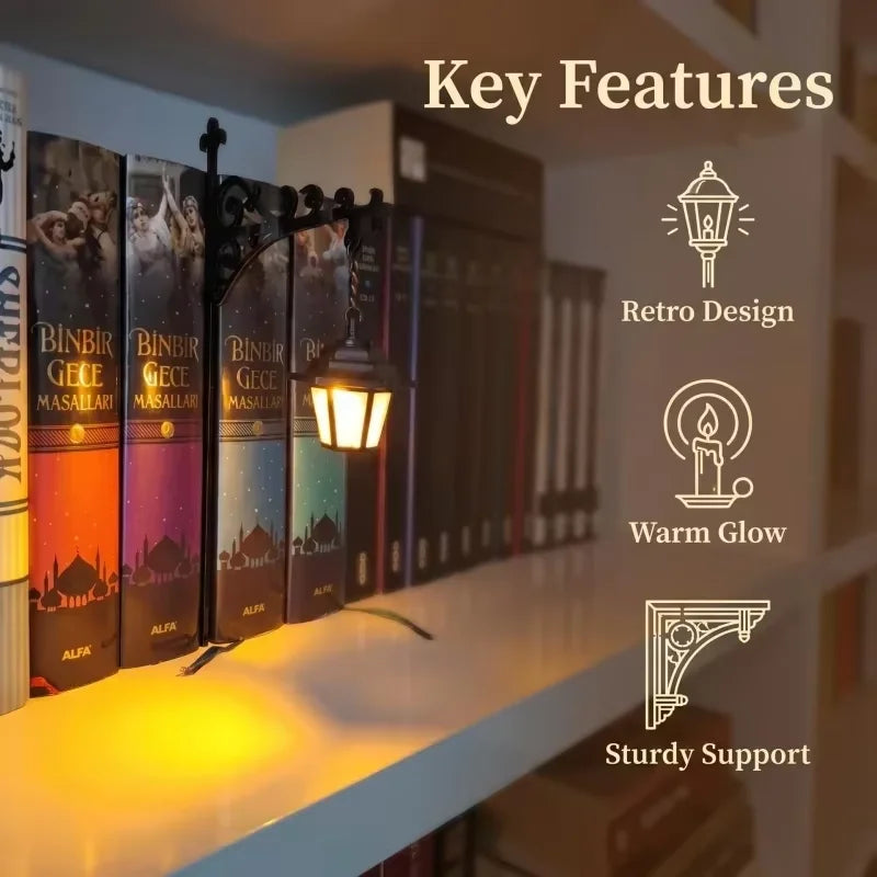 A mini bookcase night light with a retro design and warm glow illuminating books on a shelf.
