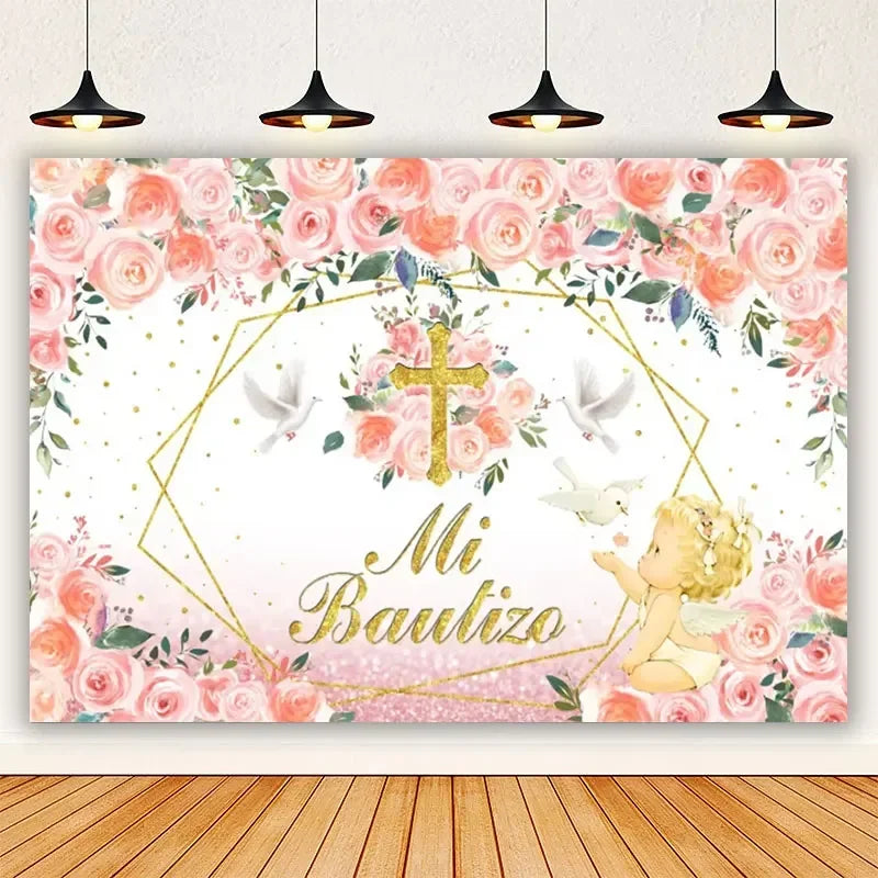 A floral backdrop with pink roses and greenery featuring the text Mi Bautista and a gold cross for a First Communion photo sh