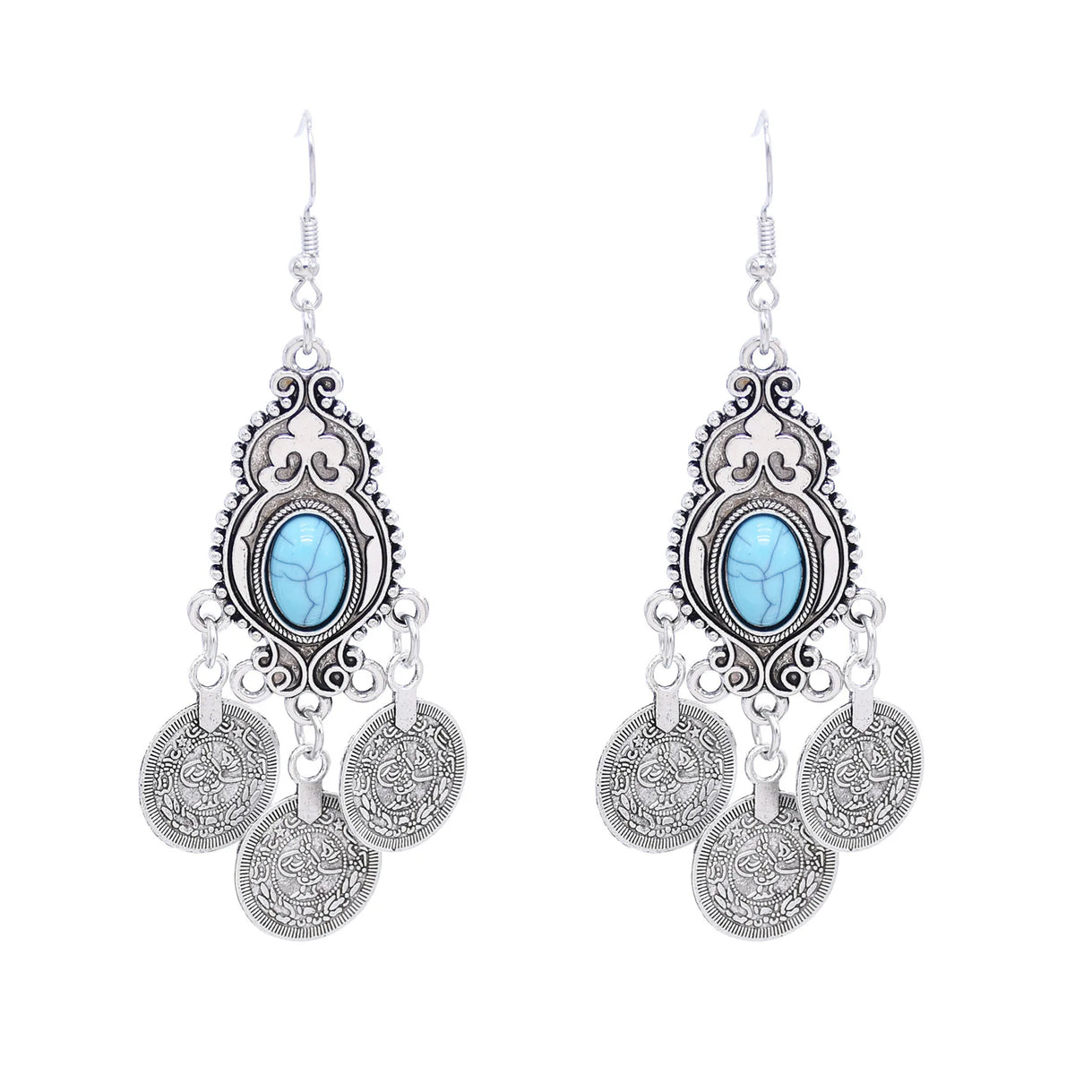 Boucles d'oreilles pendantes en pièce de monnaie turquoise bohème argentées avec des détails de filigrane complexes