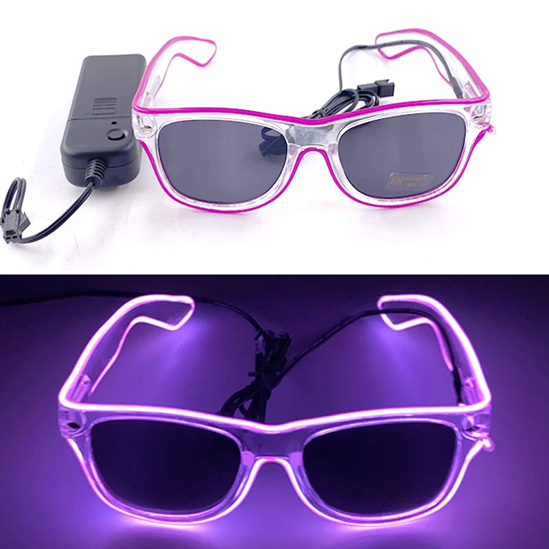 Pair of clear party glasses with pink LED lights and a black strap