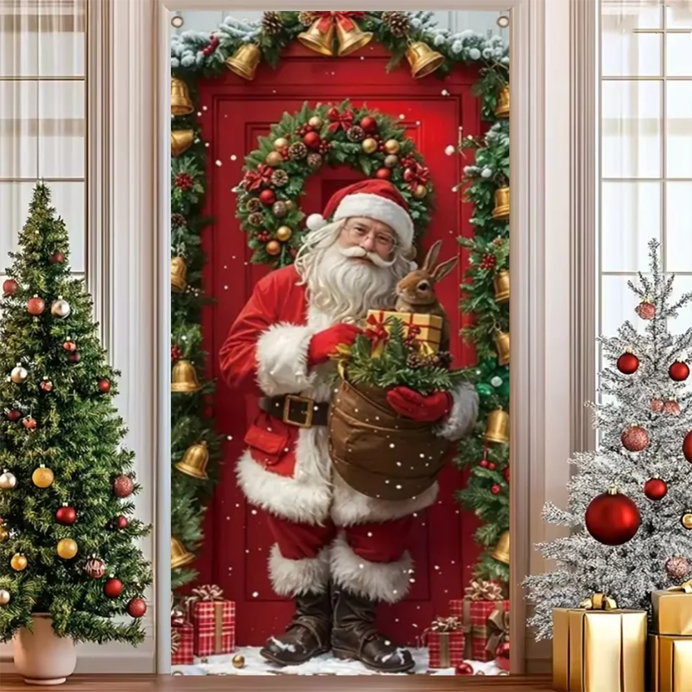 Merry Christmas Party Decoration Door Cover with Santa, Snowman & Reindeer Design