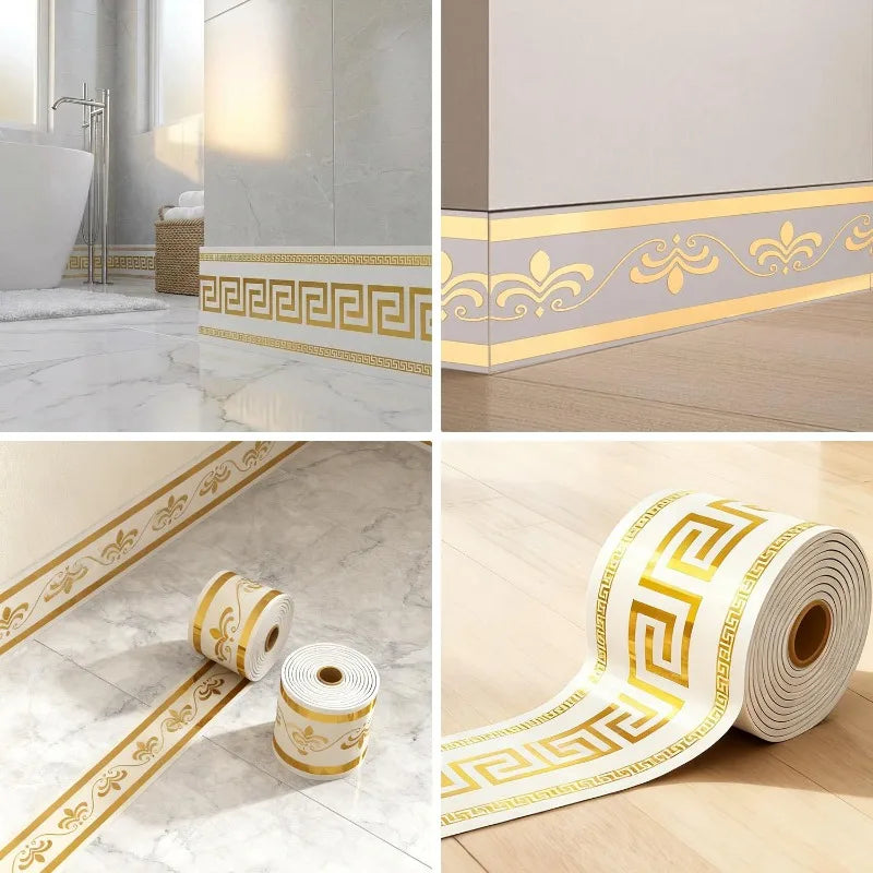Gold and white self-adhesive PVC skirting board trim featuring a Greek key pattern for wall baseboards.