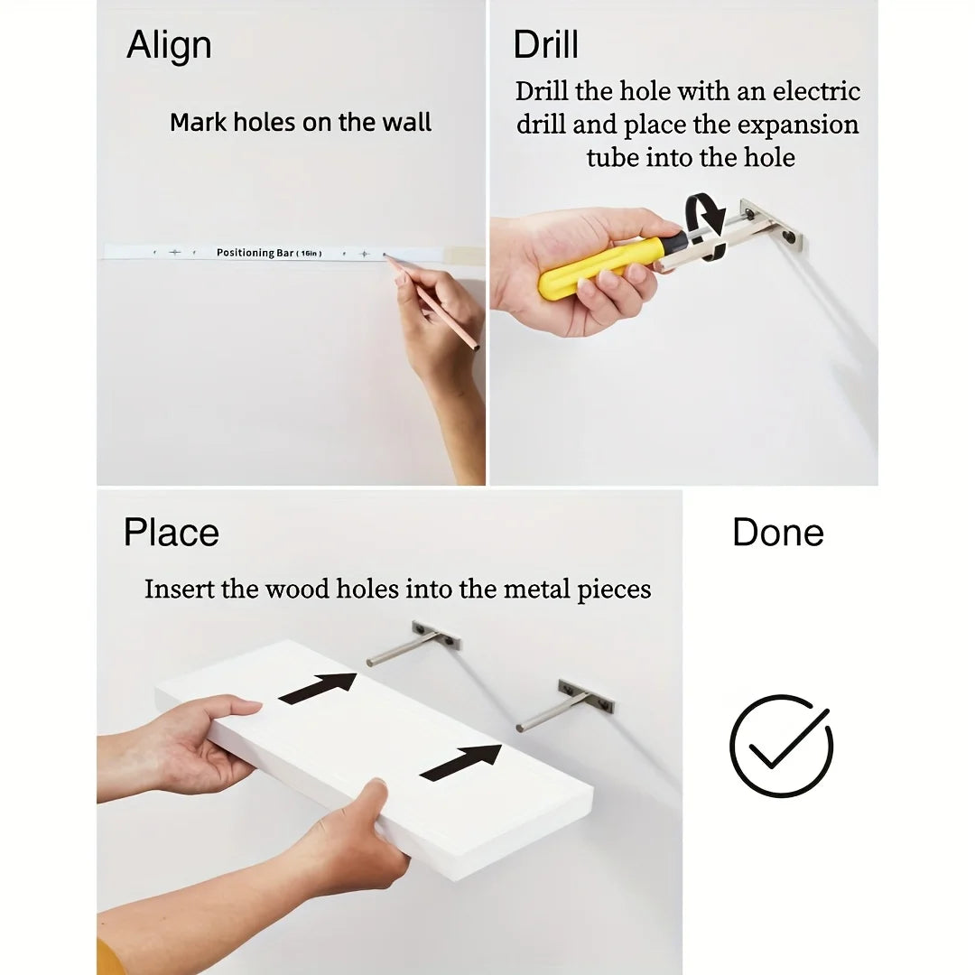 Instructions for aligning, drilling, placing, and finishing wooden floating wall shelves with hidden brackets.