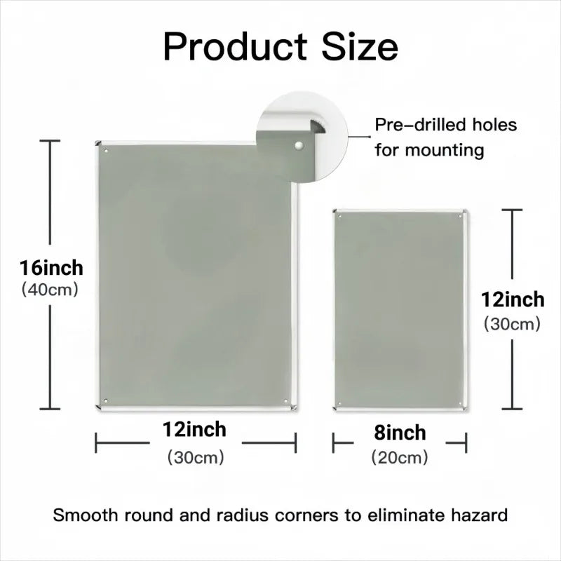 A set of metal tin signs in various sizes, including 16 inch, 12 inch, and 8 inch, with smooth rounded corners for mounting.