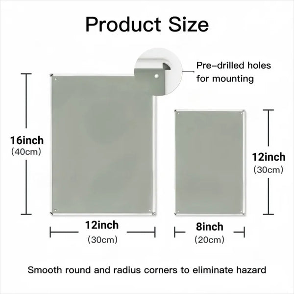 A set of metal tin signs in various sizes, including 16 inch, 12 inch, and 8 inch, with smooth rounded corners for mounting.