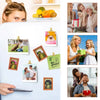 A collection of photo frames and magnets featuring people and animals, including a wooden frog frame.