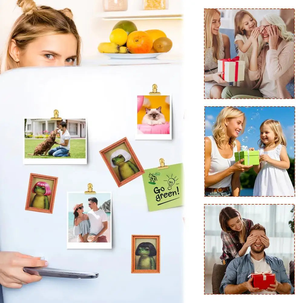 A collection of photo frames and magnets featuring people and animals, including a wooden frog frame.
