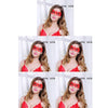 Three models wearing red lace masquerade masks and matching red lingerie.