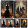 A collection of dark witch figures in forest settings, featuring various witches and a full-body witch silhouette.