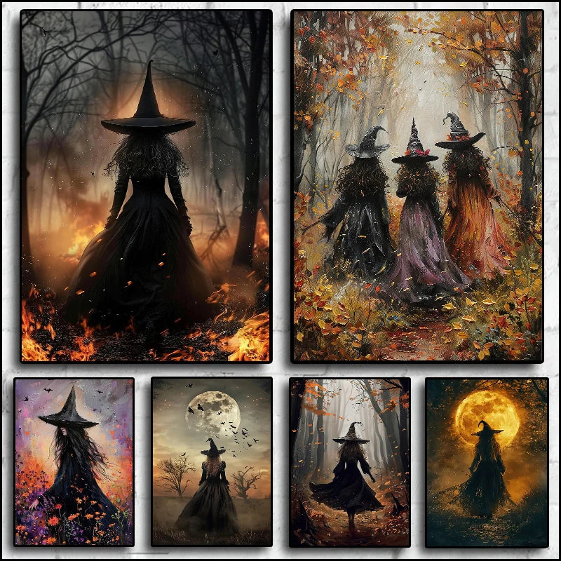 A collection of dark witch figures in forest settings, featuring various witches and a full-body witch silhouette.
