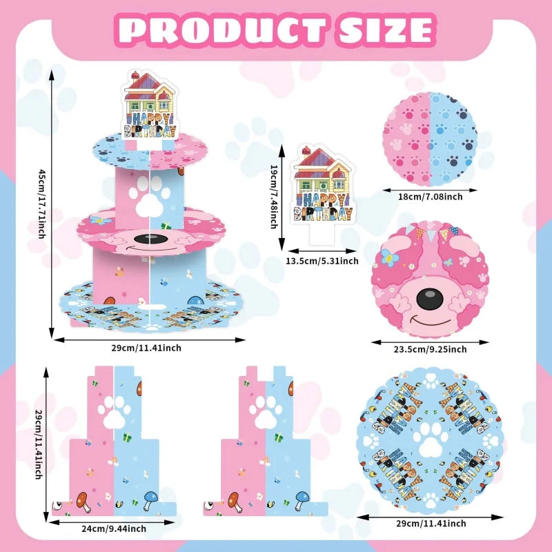 A set of blue and pink disposable tableware featuring dog motifs for parties and picnics.