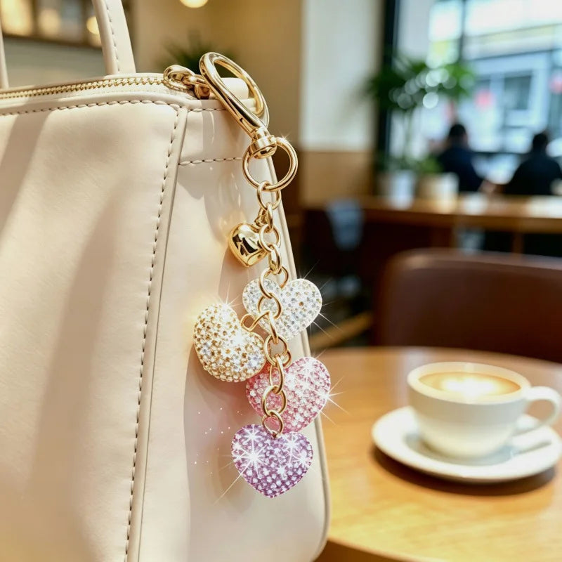A light beige leather handbag with a gold chain charm featuring crystal heart and rhinestone embellishments.