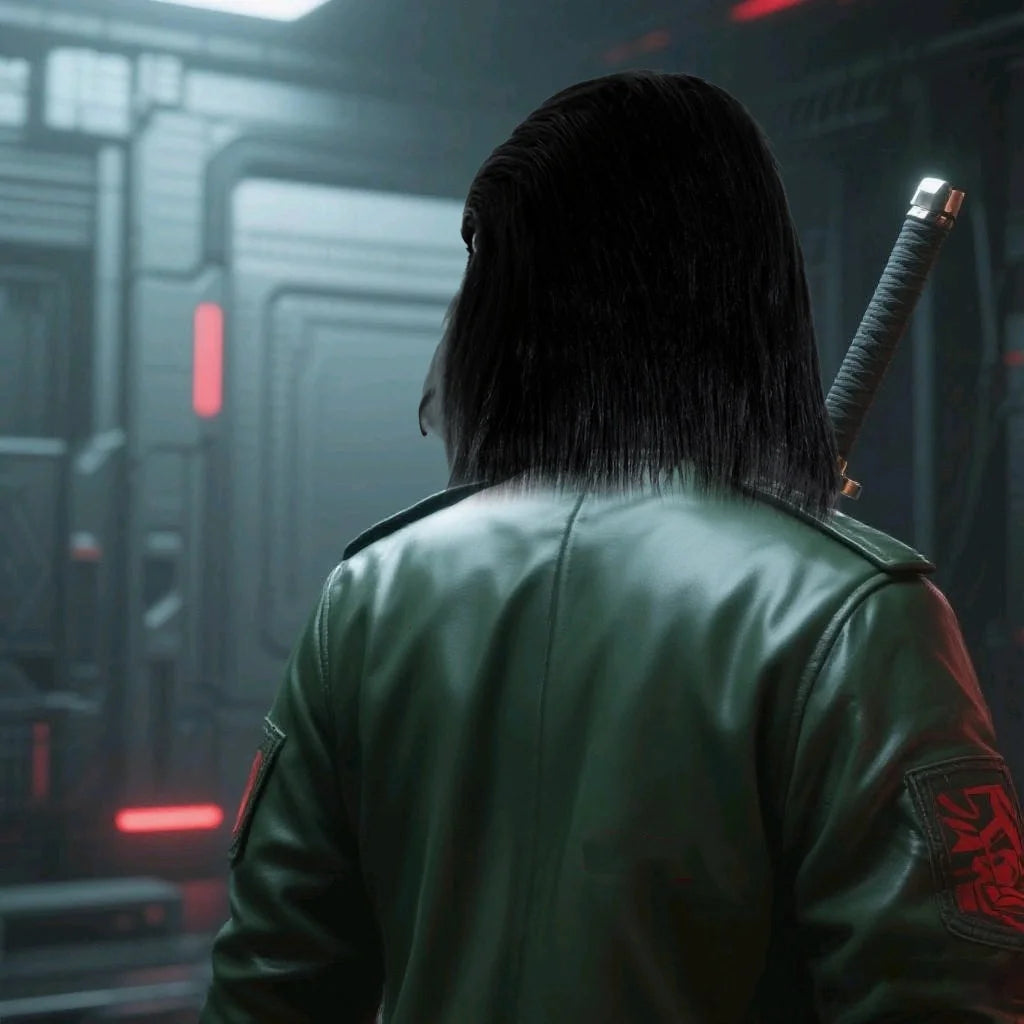 A person wearing a dark green leather jacket and holding a sword is seen from behind in a dimly lit, futuristic setting.