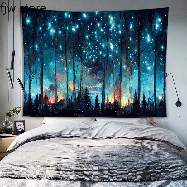 Scène de forêt nocturne bleu foncé, illuminée par des lumières bleues et cyan.