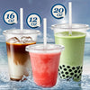 Three disposable plastic cups with lids and straws containing various colored fruit or blended drinks.