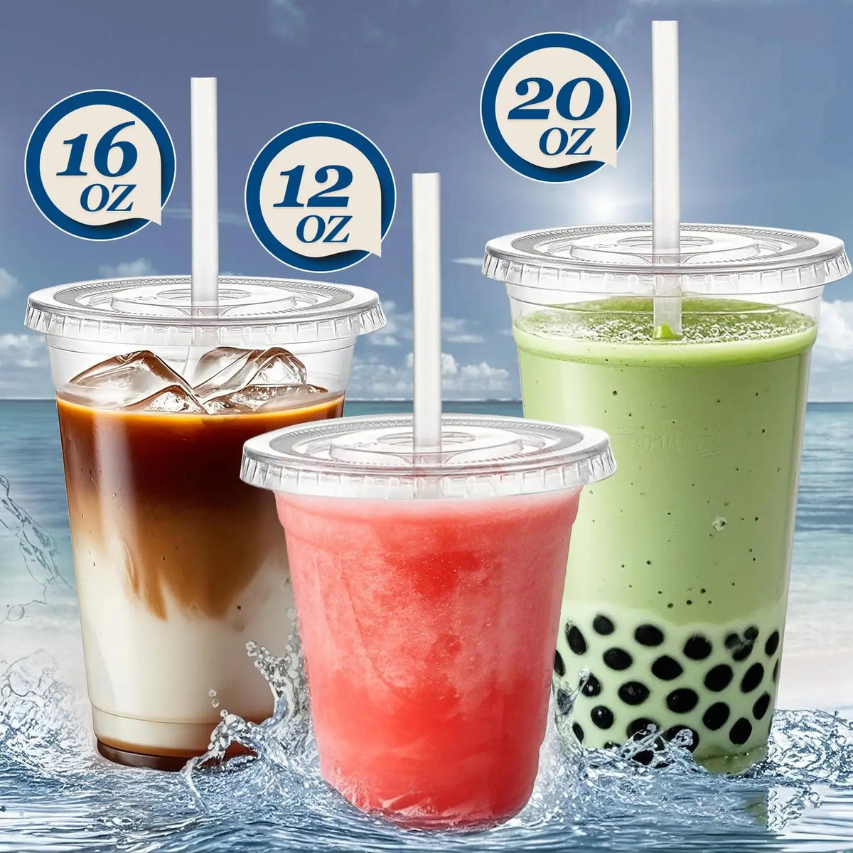 Three disposable plastic cups with lids and straws containing various colored fruit or blended drinks.