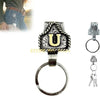 A silver metal belt keychain featuring a textured U shape and a quick-release clip.