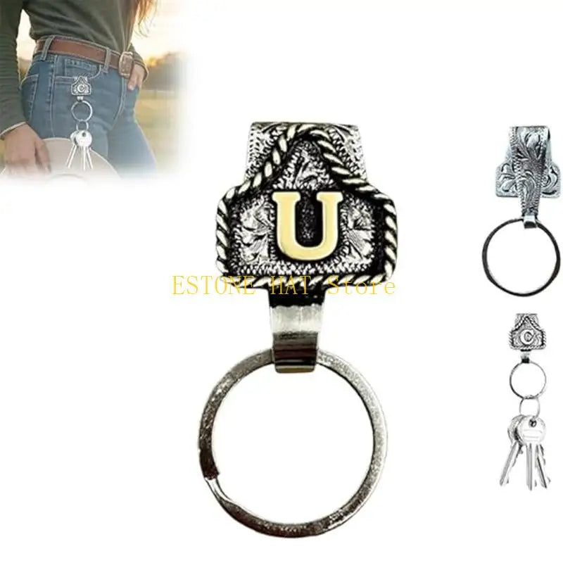 A silver metal belt keychain featuring a textured U shape and a quick-release clip.